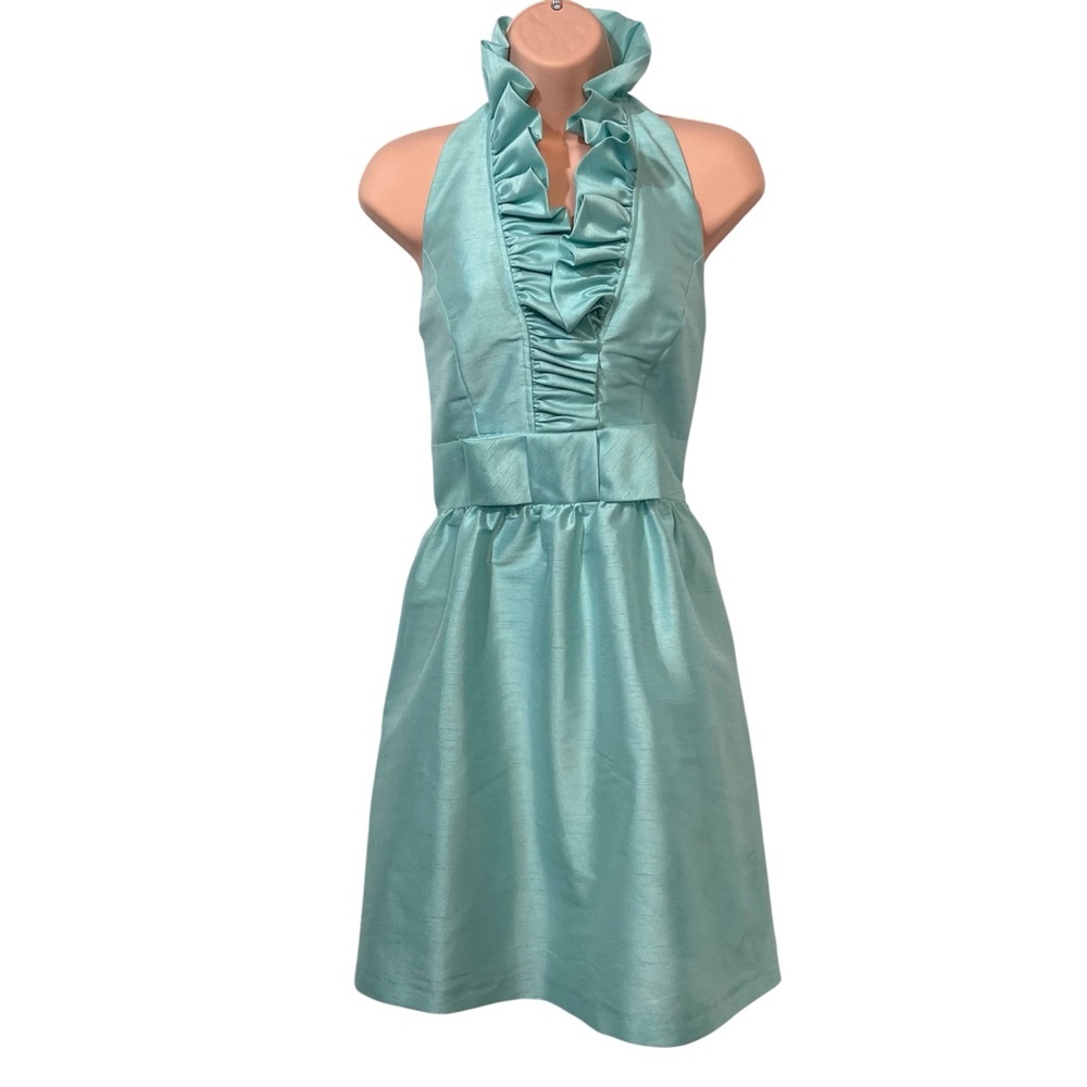 Alfred Sung Aqua Ruffled Halter Dress